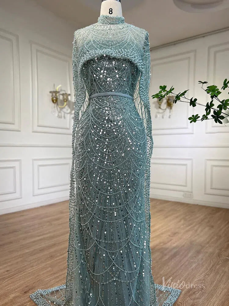 Luxury Beaded 20s Evening Gowns Gatsby Formal Dresses with Cape 20201-prom dresses-Viniodress-Sage-US 2-Viniodress