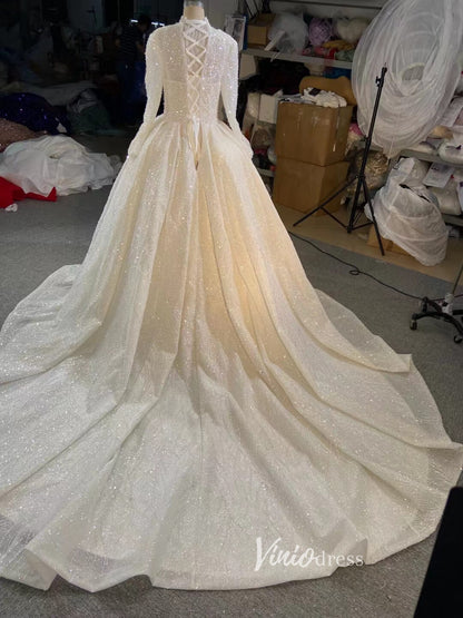 Luxury Beaded Ball Gown Wedding Dress with Sheer Long Sleeves & Corset Back 67564-wedding dresses 2025 -Viniodress-Ivory-Custom Size-