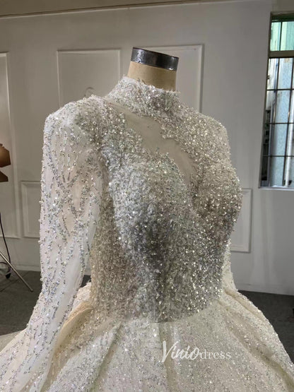 Luxury Beaded Ball Gown Wedding Dress with Sheer Long Sleeves & Corset Back 67564-wedding dresses 2025 -Viniodress-Ivory-Custom Size-