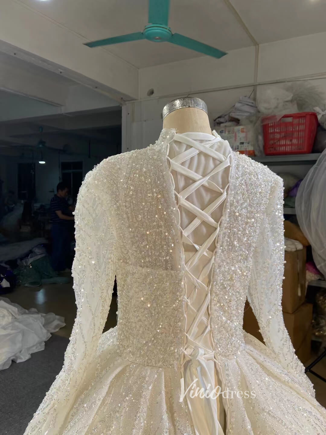 Luxury Beaded Ball Gown Wedding Dress with Sheer Long Sleeves & Corset Back 67564-wedding dresses 2025 -Viniodress-Ivory-Custom Size-