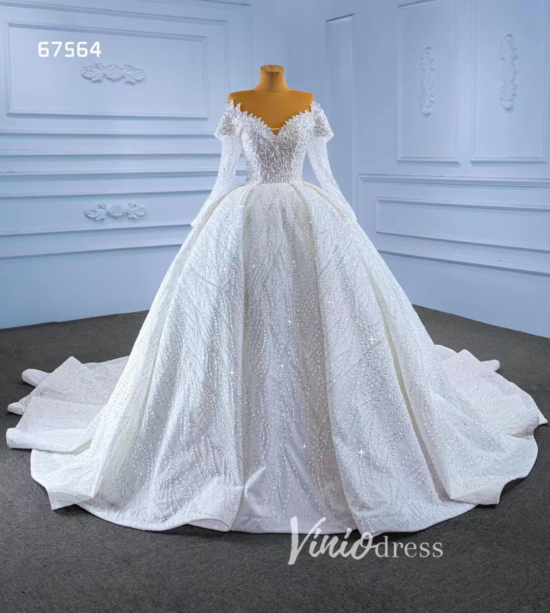 Luxury Beaded Ball Gown Wedding Dress with Sheer Long Sleeves & Corset Back 67564-wedding dresses 2025 -Viniodress-Ivory-Custom Size-