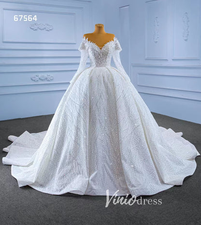 Luxury Beaded Ball Gown Wedding Dress with Sheer Long Sleeves & Corset Back 67564-wedding dresses 2025 -Viniodress-Ivory-Custom Size-