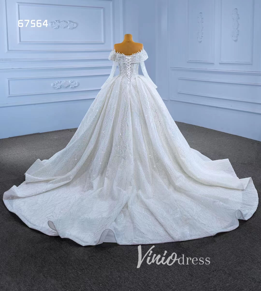 Luxury Beaded Ball Gown Wedding Dress with Sheer Long Sleeves & Corset Back 67564-wedding dresses 2025 -Viniodress-Ivory-Custom Size-