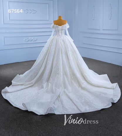 Luxury Beaded Ball Gown Wedding Dress with Sheer Long Sleeves & Corset Back 67564-wedding dresses 2025 -Viniodress-Ivory-Custom Size-