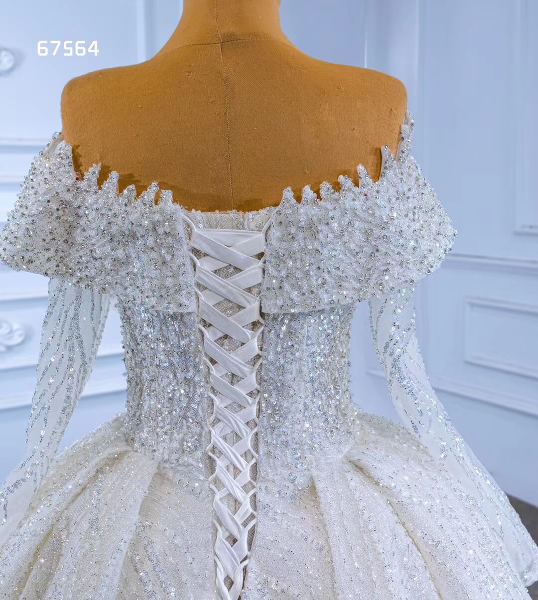 Luxury Beaded Ball Gown Wedding Dress with Sheer Long Sleeves & Corset Back 67564-wedding dresses 2025 -Viniodress-Ivory-Custom Size-