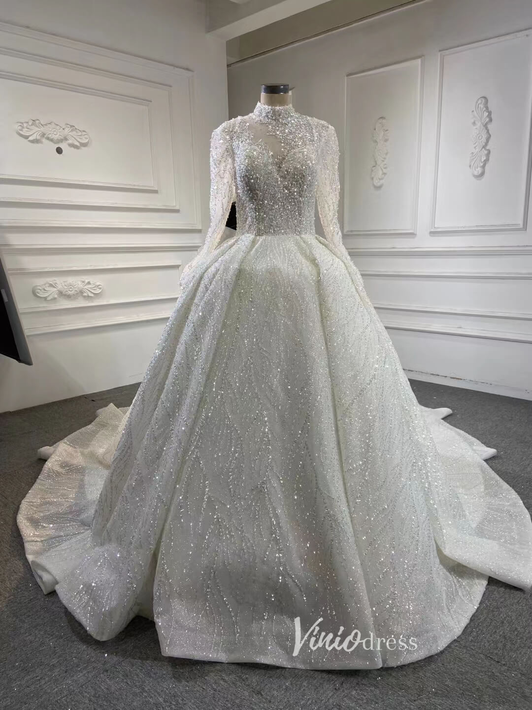 Luxury Beaded Ball Gown Wedding Dress with Sheer Long Sleeves & Corset Back 67564-wedding dresses 2025 -Viniodress-Ivory-Custom Size-