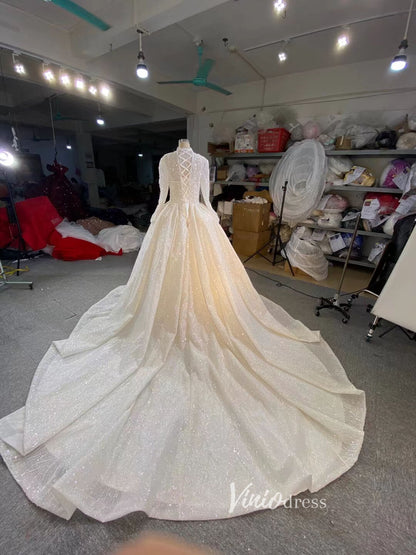 Luxury Beaded Ball Gown Wedding Dress with Sheer Long Sleeves & Corset Back 67564-wedding dresses 2025 -Viniodress-Ivory-Custom Size-