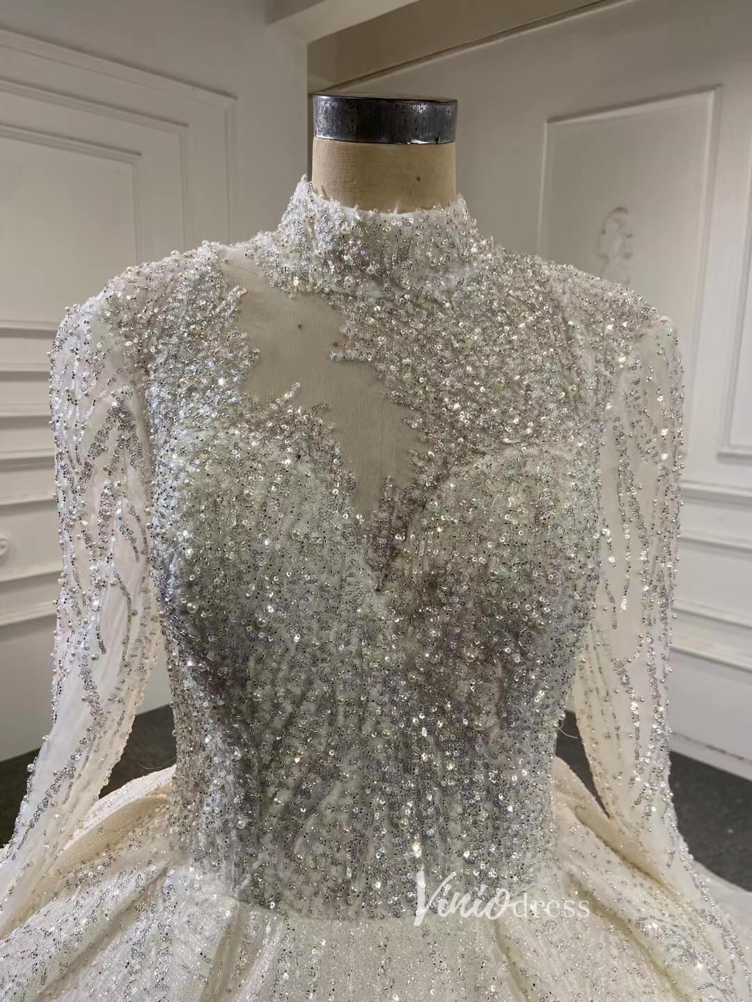 Luxury Beaded Ball Gown Wedding Dress with Sheer Long Sleeves & Corset Back 67564-wedding dresses 2025 -Viniodress-Ivory-Custom Size-