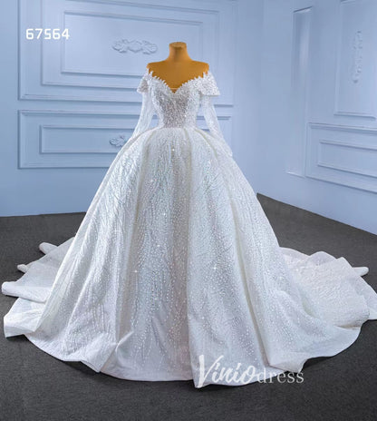 Luxury Beaded Ball Gown Wedding Dress with Sheer Long Sleeves & Corset Back 67564-wedding dresses 2025 -Viniodress-Ivory-Custom Size-