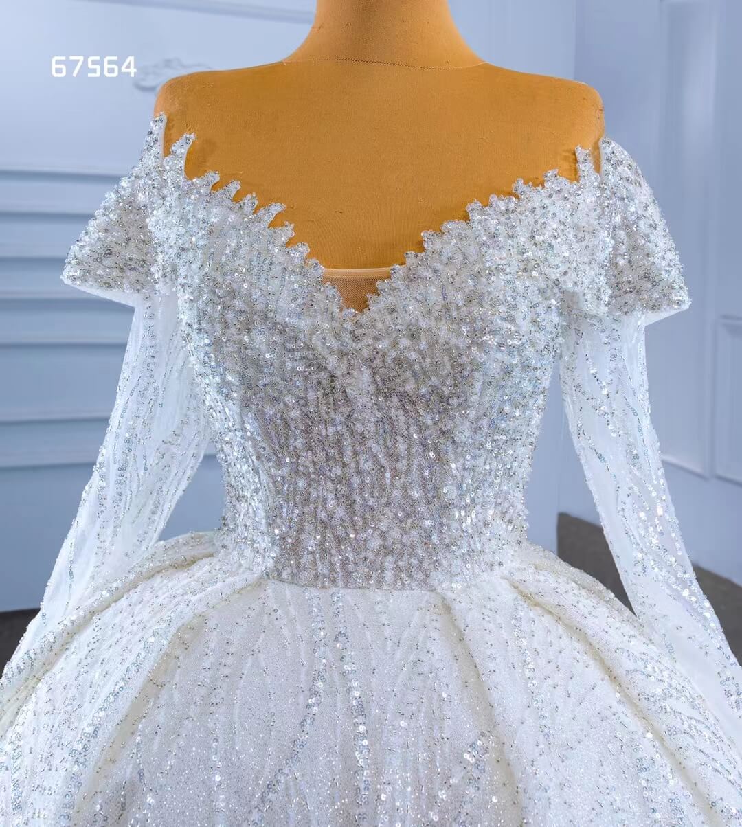 Luxury Beaded Ball Gown Wedding Dress with Sheer Long Sleeves & Corset Back 67564-wedding dresses 2025 -Viniodress-Ivory-Custom Size-