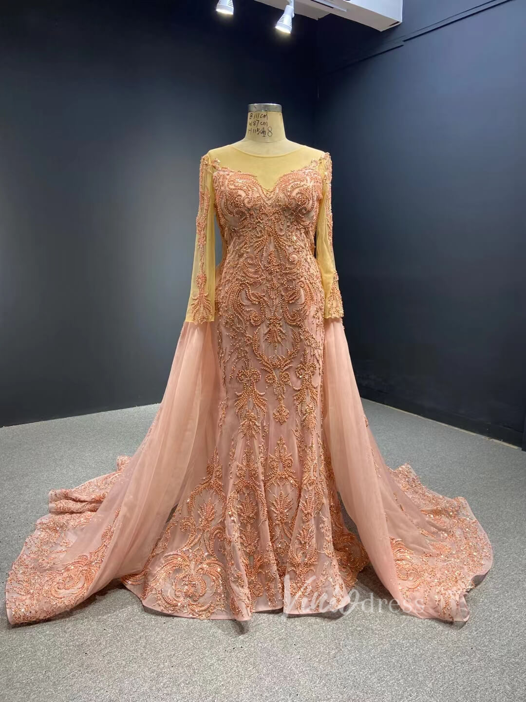 Luxury Beaded Burgundy Formal Dress Long Sleeve Pageant Dresses 67250 viniodress-prom dresses 2025 -Viniodress-Blush Pink-Custom Size-