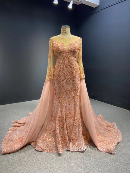 Luxury Beaded Burgundy Formal Dress Long Sleeve Pageant Dresses 67250 viniodress-prom dresses 2025 -Viniodress-Blush Pink-Custom Size-