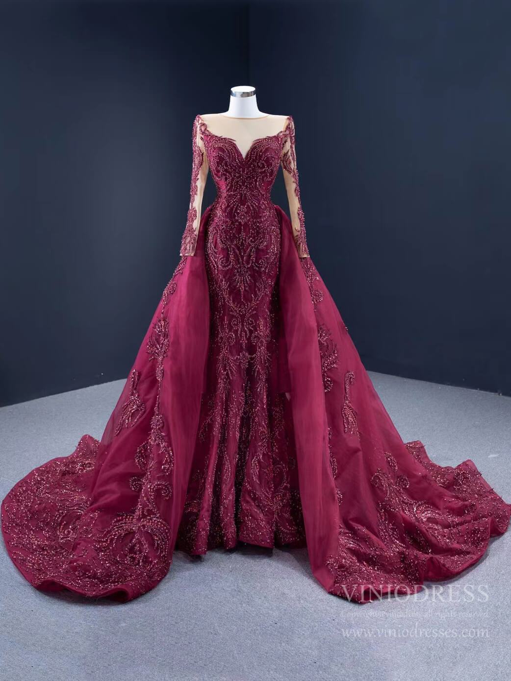 Luxury Beaded Burgundy Formal Dress Long Sleeve Pageant Dresses 67250 viniodress-prom dresses 2025 -Viniodress-Burgundy-Custom Size-
