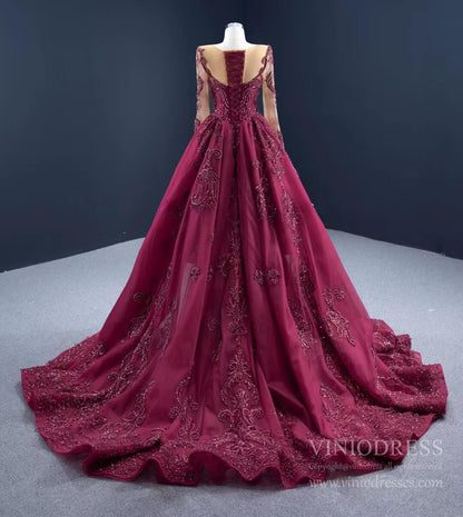 Luxury Beaded Burgundy Formal Dress Long Sleeve Pageant Dresses 67250 viniodress-prom dresses 2025 -Viniodress-Burgundy-Custom Size-