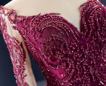 Luxury Beaded Burgundy Formal Dress Long Sleeve Pageant Dresses 67250 viniodress-prom dresses 2025 -Viniodress-Burgundy-Custom Size-