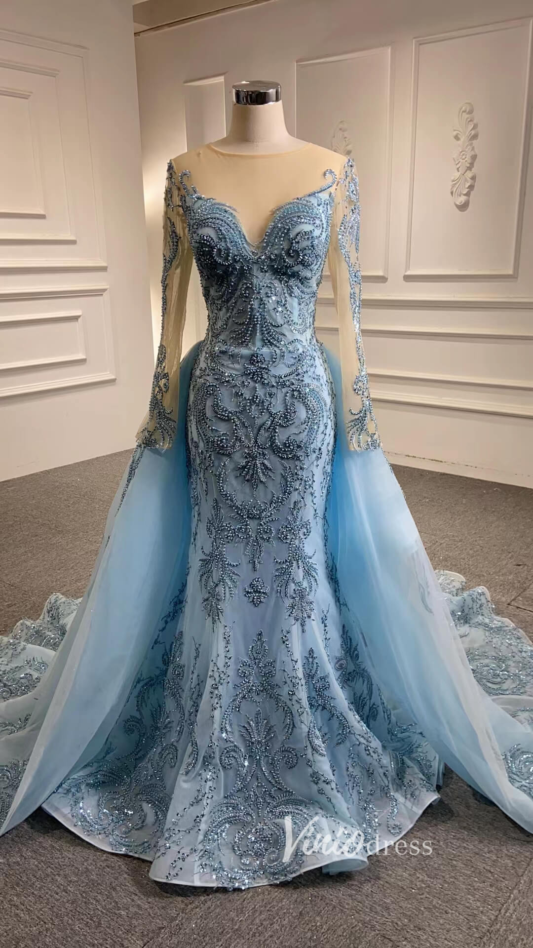 Luxury Beaded Burgundy Formal Dress Long Sleeve Pageant Dresses 67250 viniodress-prom dresses 2025 -Viniodress-Light Blue-Custom Size-