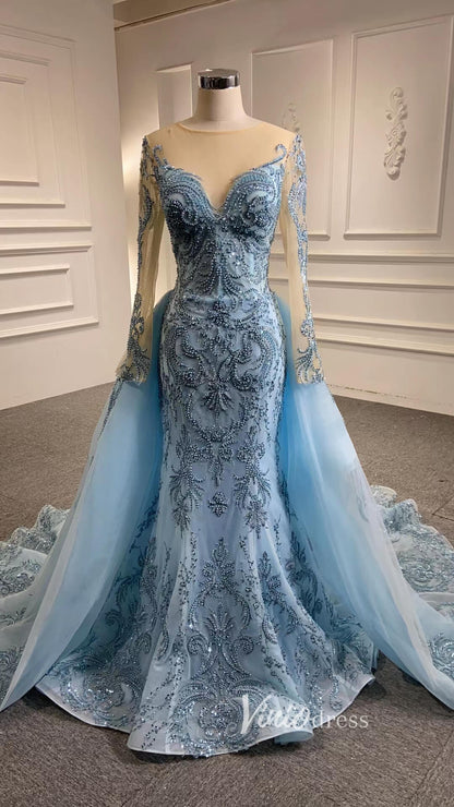 Luxury Beaded Burgundy Formal Dress Long Sleeve Pageant Dresses 67250 viniodress-prom dresses 2025 -Viniodress-Light Blue-Custom Size-