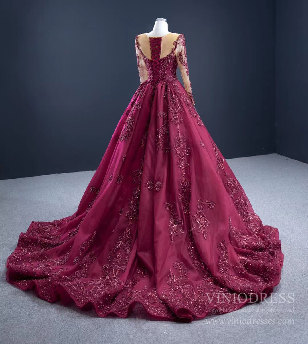 Prom Dress 2025 Luxury Beaded Burgundy Formal Dress Long Sleeve Pageant Dresses 67250 viniodress-unique prom dresses-Burgundy-Custom Size-Viniodress