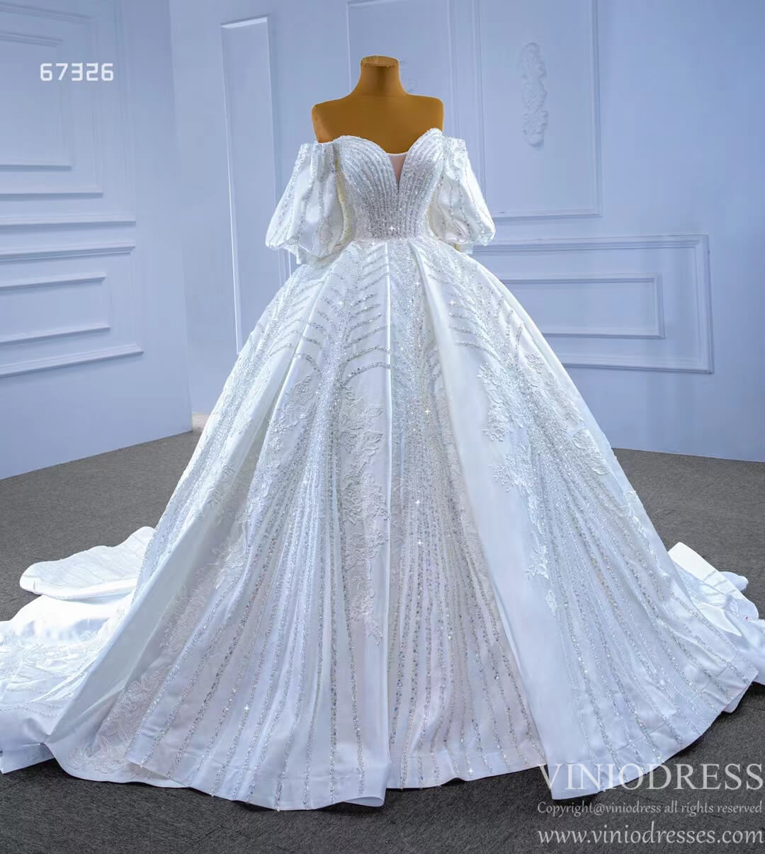 Luxury Beaded Dubai Wedding Gown Bishop Sleeve 67326-wedding dresses 2025 -Viniodress-Ivory-Custom Size-