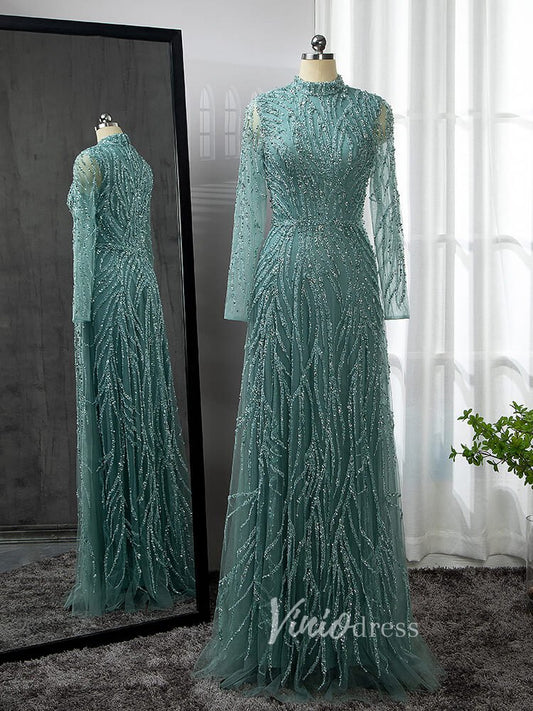 Luxury Beaded Evening Dresses High Neck Long Sleeve Mother of the Bride Dress 20019-Evening Dresses 2025 -Viniodress-Light Green-US 2-