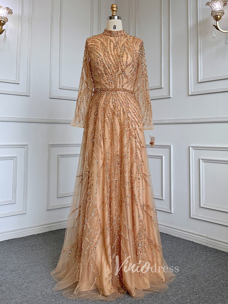 Luxury Beaded Evening Dresses High Neck Long Sleeve Mother of the Bride Dress 20019-Evening Dresses 2025 -Viniodress-Gold-US 2-