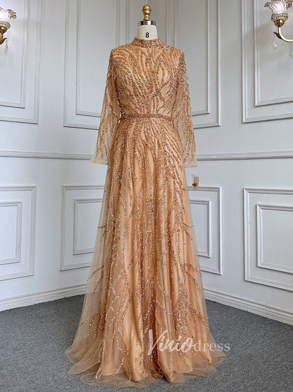Luxury Beaded Evening Dresses High Neck Long Sleeve Mother of the Bride Dress 20019-Evening Dresses 2025 -Viniodress-Gold-US 2-