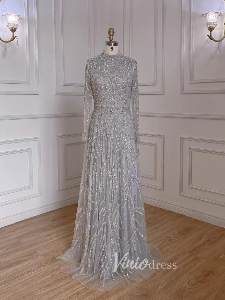 Luxury Beaded Evening Dresses High Neck Long Sleeve Mother of the Brid –  Viniodress