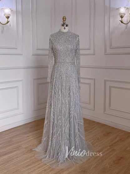 Luxury Beaded Evening Dresses High Neck Long Sleeve Mother of the Bride Dress 20019-Evening Dresses 2025 -Viniodress-Grey-US 2-