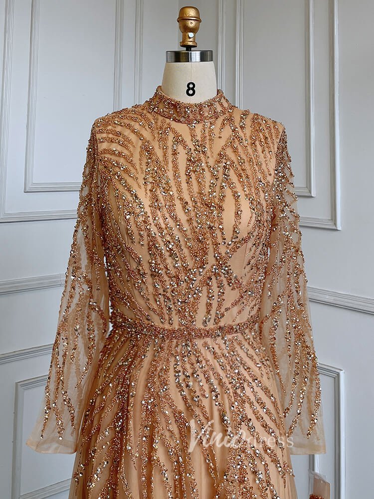 luxury mother of the bride dresses Luxury Beaded Evening Dresses High Neck Long Sleeve Mother of the Brid – Viniodress