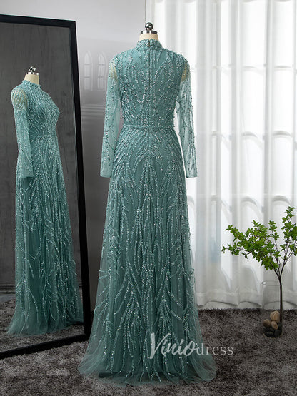 Luxury Beaded Evening Dresses High Neck Long Sleeve Mother of the Bride Dress 20019-Evening Dresses 2025 -Viniodress-Light Green-US 2-