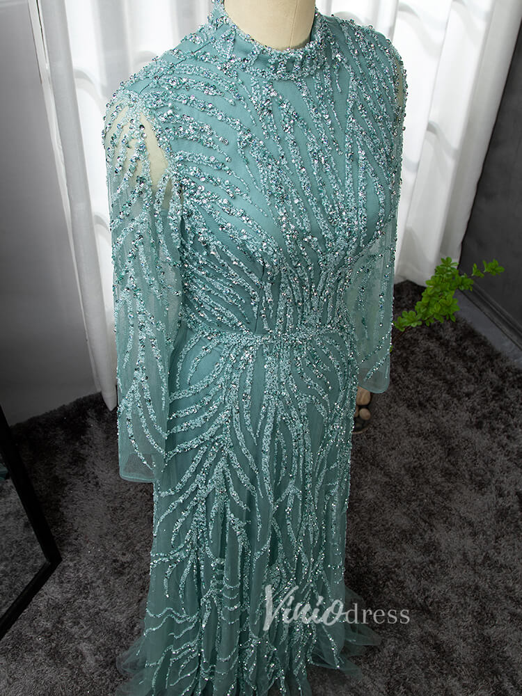 blue dress for baby girl Luxury Beaded Evening Dresses High Neck Long Sleeve Mother of the Brid –  Viniodress