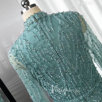 Luxury Beaded Evening Dresses High Neck Long Sleeve Mother of the Bride Dress 20019-Evening Dresses 2025 -Viniodress-Light Green-US 2-