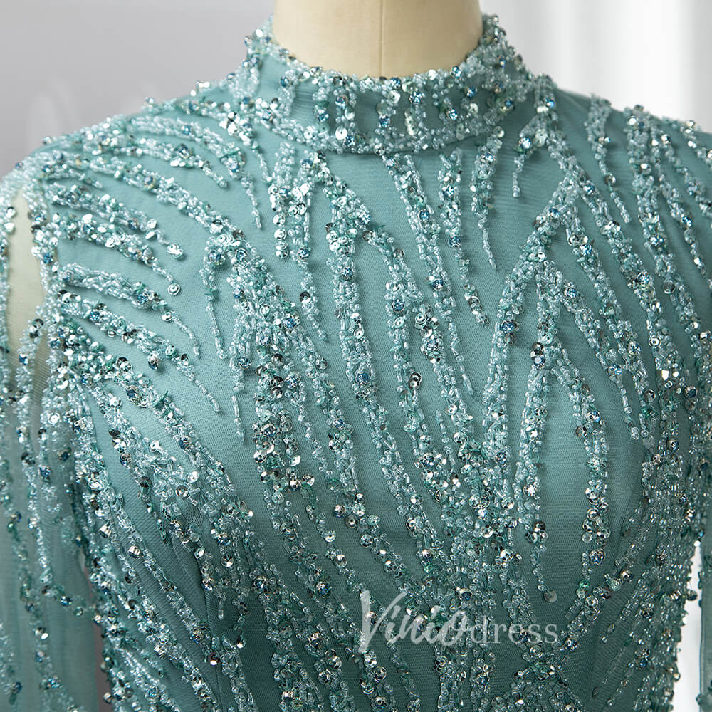 Luxury Beaded Evening Dresses High Neck Long Sleeve Mother of the Bride Dress 20019-Evening Dresses 2025 -Viniodress-Light Green-US 2-