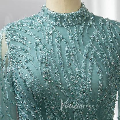 Luxury Beaded Evening Dresses High Neck Long Sleeve Mother of the Bride Dress 20019-Evening Dresses 2025 -Viniodress-Light Green-US 2-