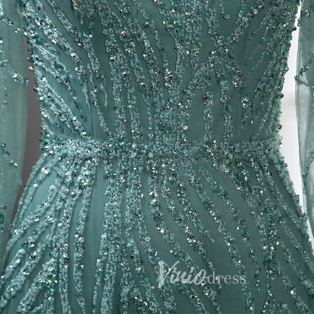 Luxury Beaded Evening Dresses High Neck Long Sleeve Mother of the Bride Dress 20019-Evening Dresses 2025 -Viniodress-Light Green-US 2-