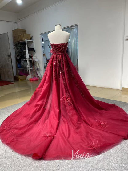 Luxury Beaded Grey Overskirt Prom Dresses with Slit 67340-prom dresses 2025 -Viniodress-Grey-Custom Size-