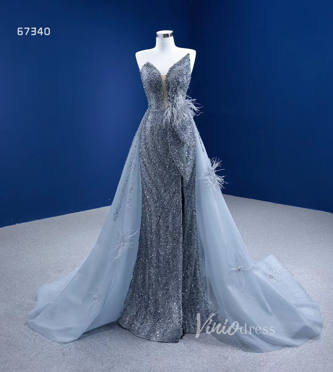 Luxury Beaded Grey Overskirt Prom Dresses with Slit 67340-prom dresses 2025 -Viniodress-Grey-Custom Size-