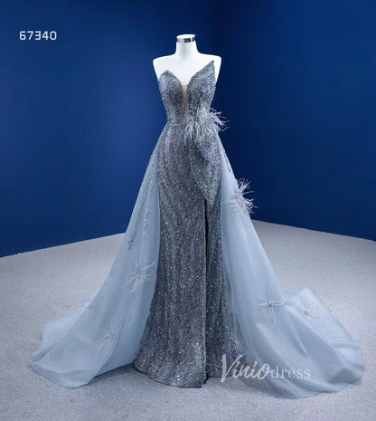 Luxury Beaded Grey Overskirt Prom Dresses with Slit 67340-prom dresses 2025 -Viniodress-Grey-Custom Size-