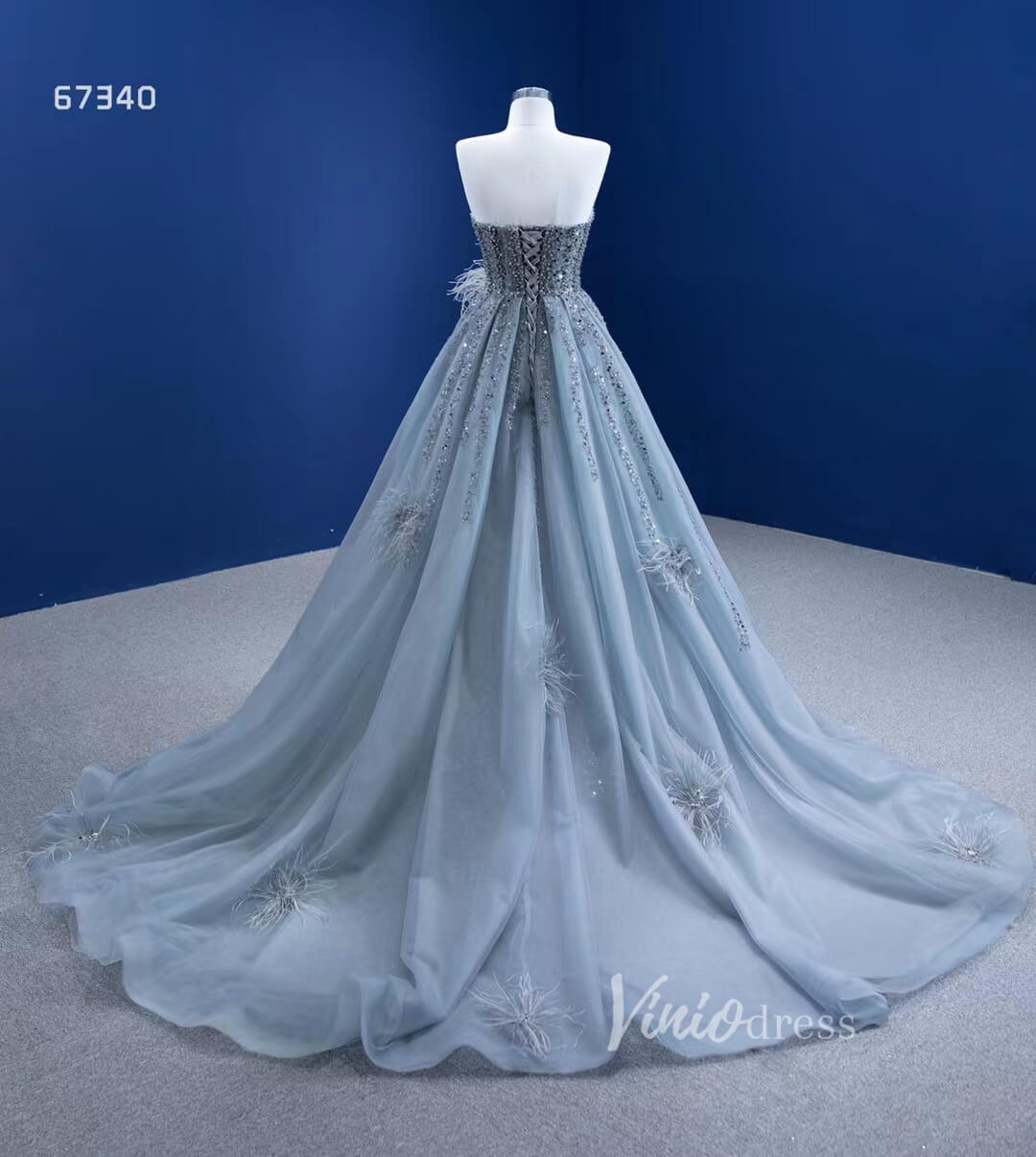Luxury Beaded Grey Overskirt Prom Dresses with Slit 67340 – Viniodress