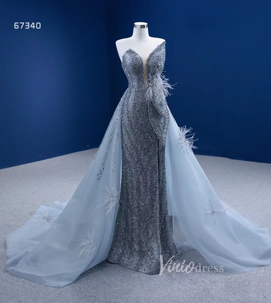 Luxury Beaded Grey Overskirt Prom Dresses with Slit 67340-prom dresses 2025 -Viniodress-Grey-Custom Size-