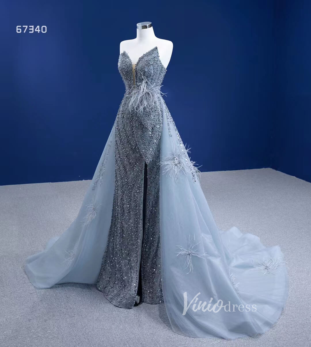 Luxury Beaded Grey Overskirt Prom Dresses with Slit 67340-prom dresses 2025 -Viniodress-Grey-Custom Size-