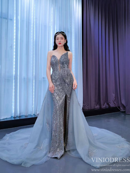 Luxury Beaded Grey Overskirt Prom Dresses with Slit 67340-prom dresses 2025 -Viniodress-Grey-Custom Size-
