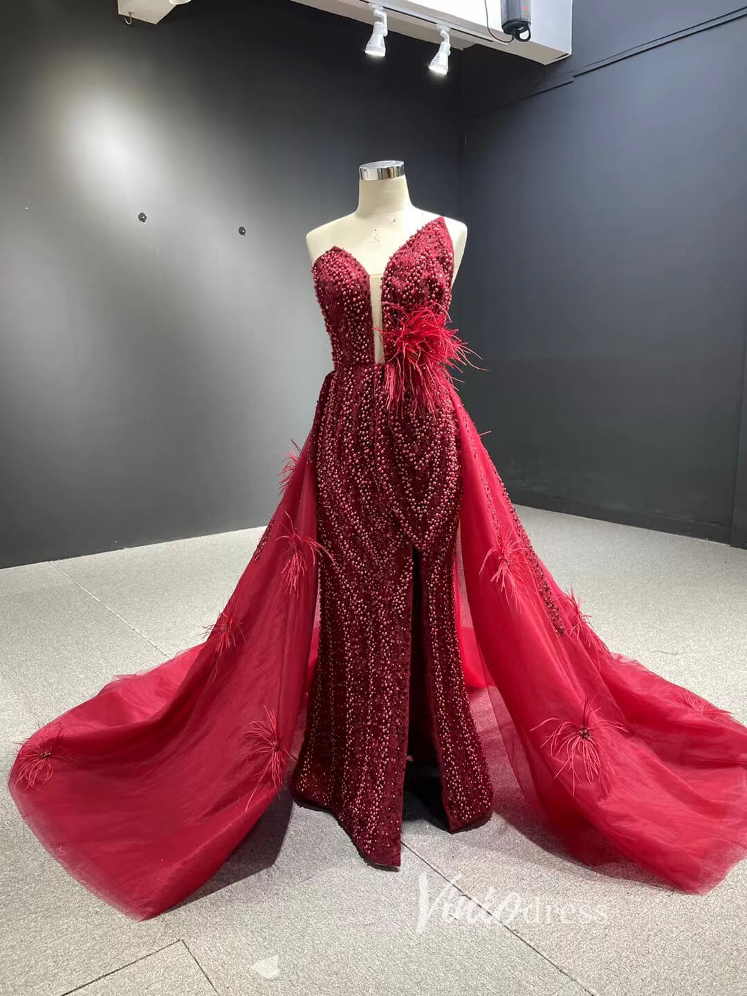 Prom Dress 2025 Luxury Beaded Grey Overskirt Prom Dresses with Slit 67340-unique prom dresses-Burgundy-Custom Size-Viniodress