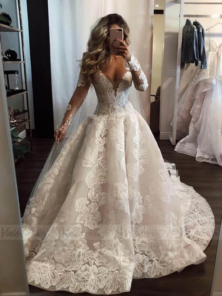 Luxury Beaded Lace Long Sleeve Champagne Wedding Dresses VW1355-wedding dresses-Viniodress-As Picture-Custom Size-Viniodress