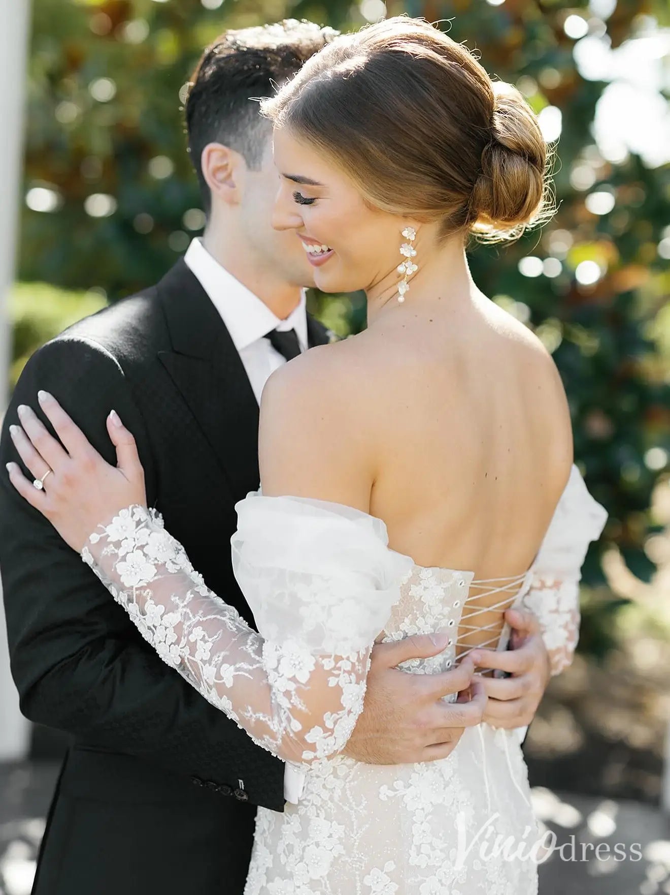 Luxury Beaded Lace Mermaid Wedding Dress with Removable Sleeves and Corset Back – ML102-wedding dresses 2025 -Viniodress-Nude-Custom Size-