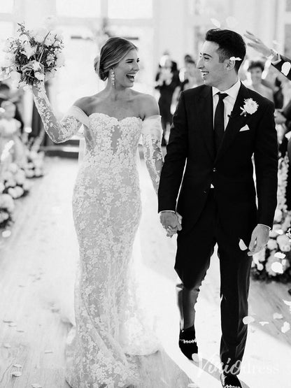 Luxury Beaded Lace Mermaid Wedding Dress with Removable Sleeves and Corset Back – ML102-wedding dresses 2025 -Viniodress-Nude-Custom Size-