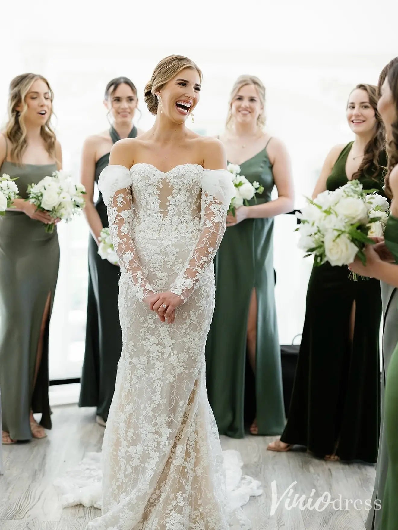 Luxury Beaded Lace Mermaid Wedding Dress with Removable Sleeves and Corset Back – ML102-wedding dresses 2025 -Viniodress-Nude-Custom Size-