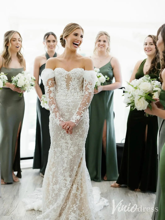 Luxury Beaded Lace Mermaid Wedding Dress with Removable Sleeves and Corset Back – ML102-wedding dresses 2025 -Viniodress-Nude-Custom Size-