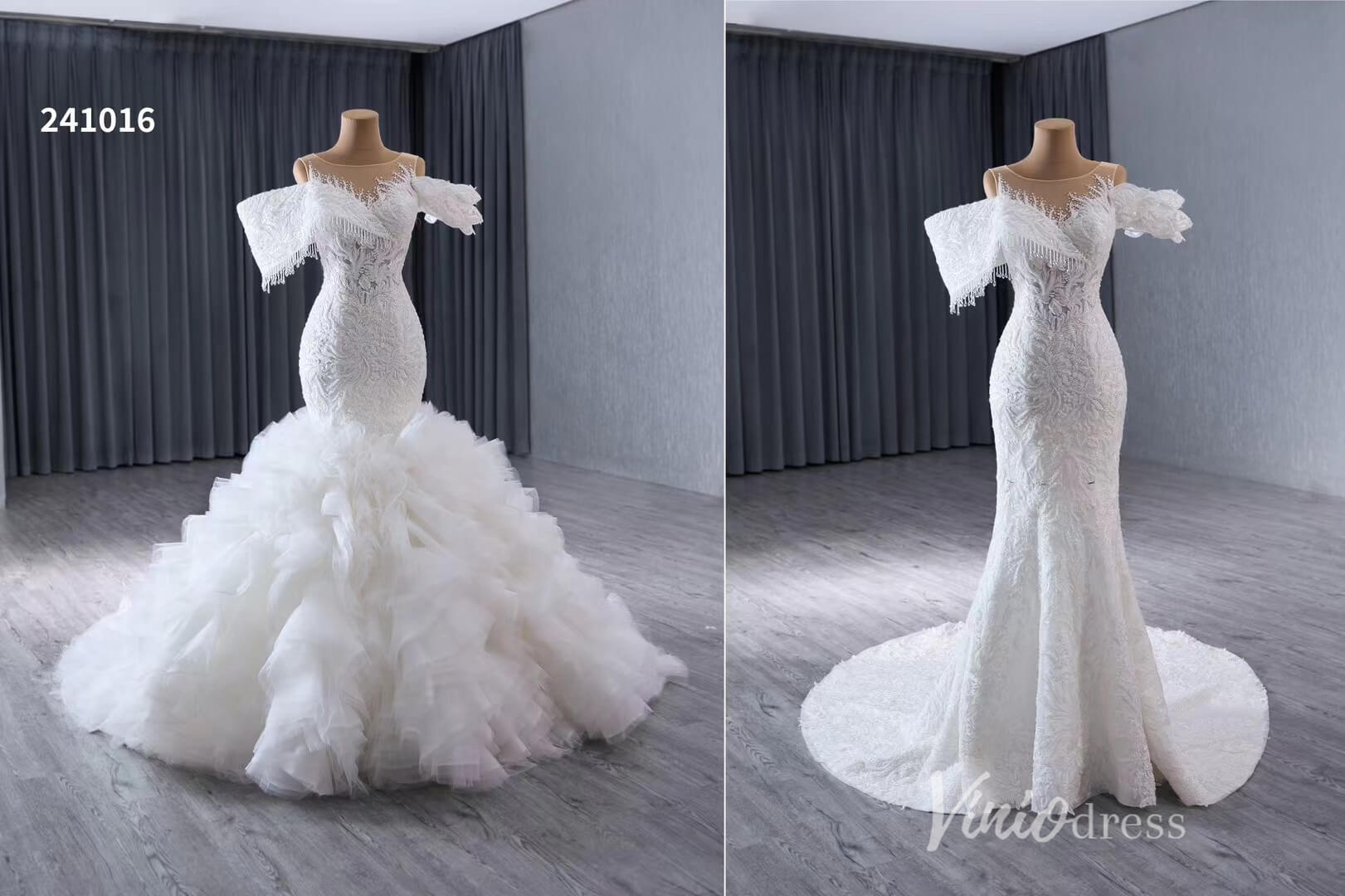 Luxury Beaded Lace Mermaid Wedding Dresses Removable Ruffle Skirt Bridal Gown 241016-wedding dresses 2025 -Viniodress-Ivory-Custom Size-