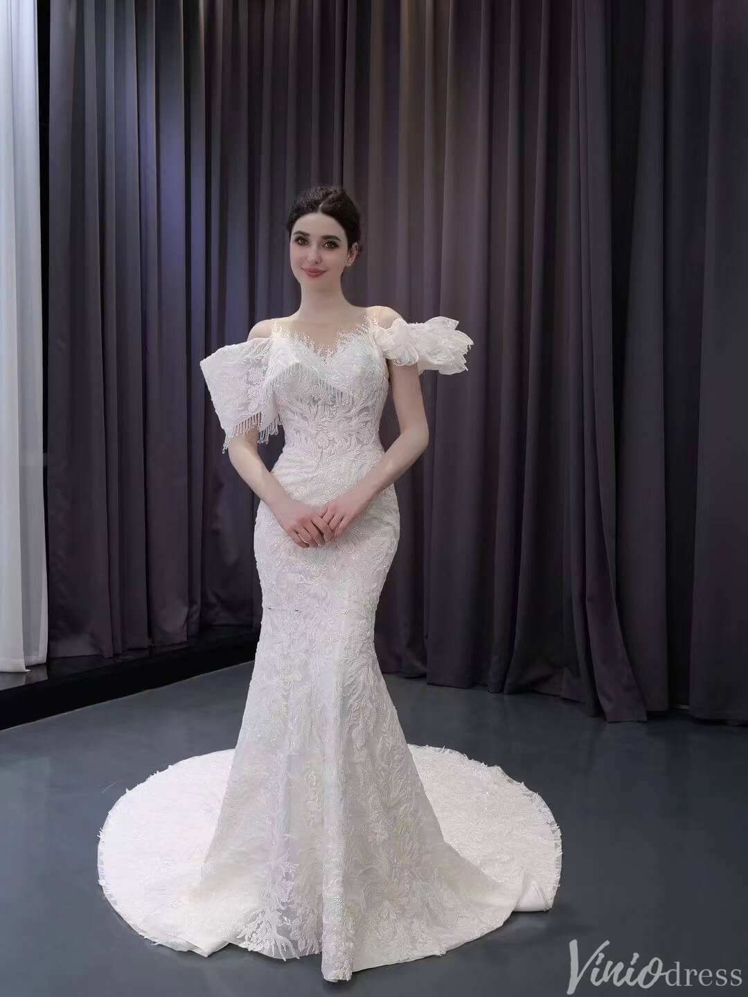 Luxury Beaded Lace Mermaid Wedding Dresses Removable Ruffle Skirt Bridal Gown 241016-wedding dresses 2025 -Viniodress-Ivory-Custom Size-